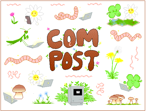 A sticker sheet with flowers, worms, mushrooms, and laptops. Each individual sticker is listed below.