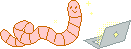 A happy worm types on a laptop using his head.
