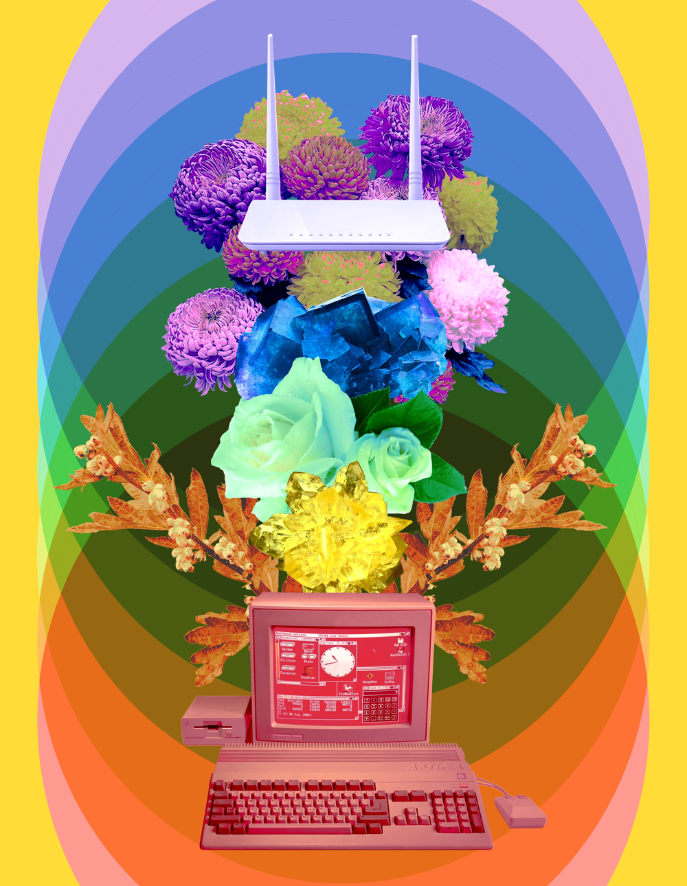 A tall image; a rainbow in the background created by overlapping colored circles. The foreground contains, from top to bottom, a sleek router, several chrysanthemum, crystals, a white rose, and an old desktop computer with a mouse and keyboard.