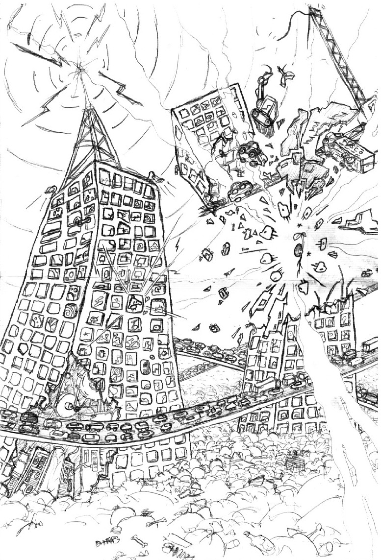 An antenna explodes from the top of a tower like a dandelion ejecting all its seeds. Buildings and cars fly throuh the air, seemingly damaged by this explosion. A cloud-like mess of what is perhaps debris scatters the ground, with fish bones and empty bottles